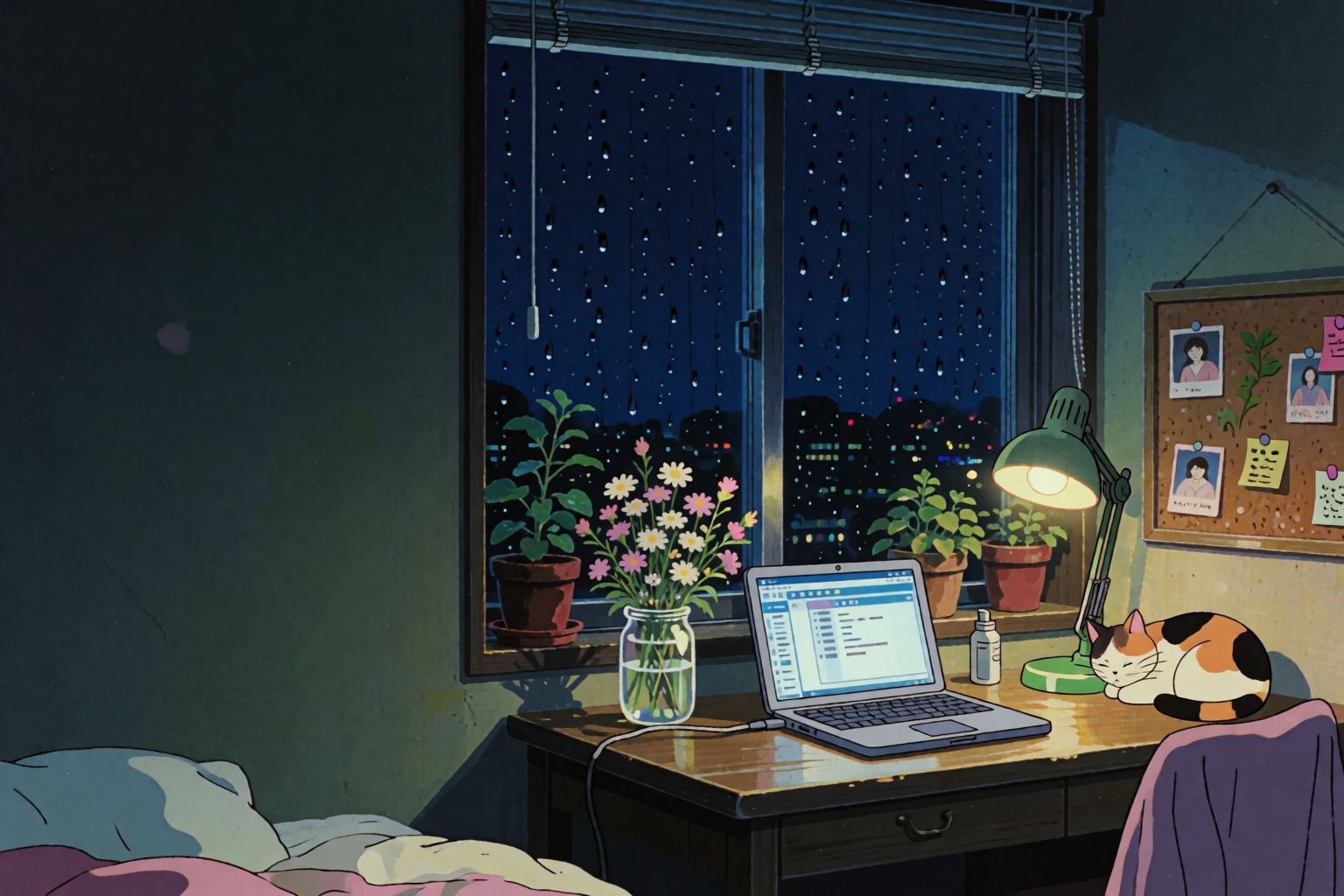 The same bedroom late at night, the cat asleep by the desk lamp