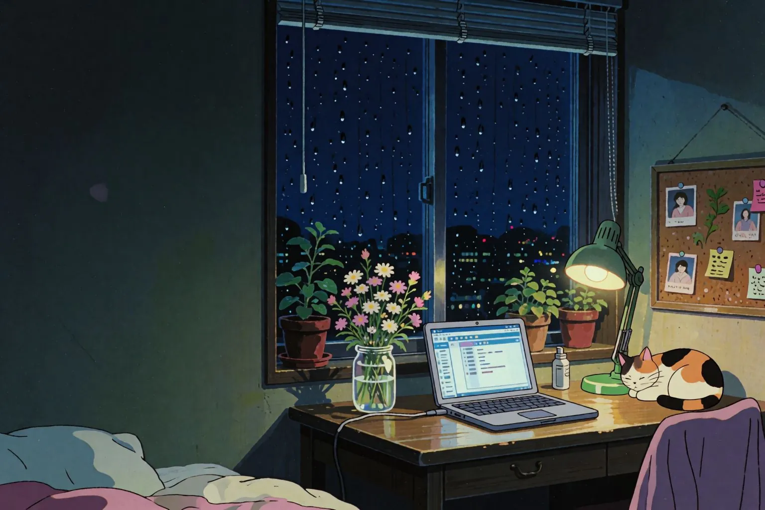 A painted bedroom at night, a laptop glowing on the desk by the window and a cat asleep beside it