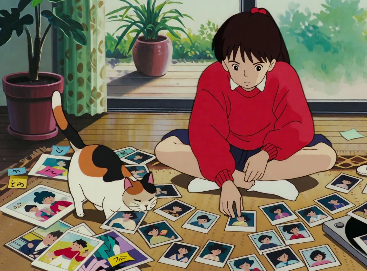 A painted girl in a red jumper sorting photos on a wooden floor, a calico cat helping