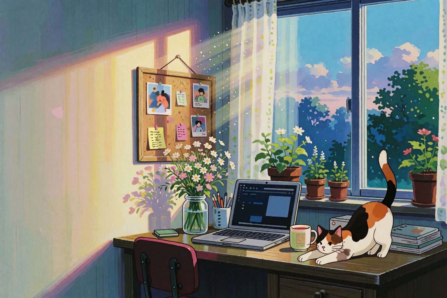 A sunny bedroom in the morning, a calico cat stretching on the desk by the laptop