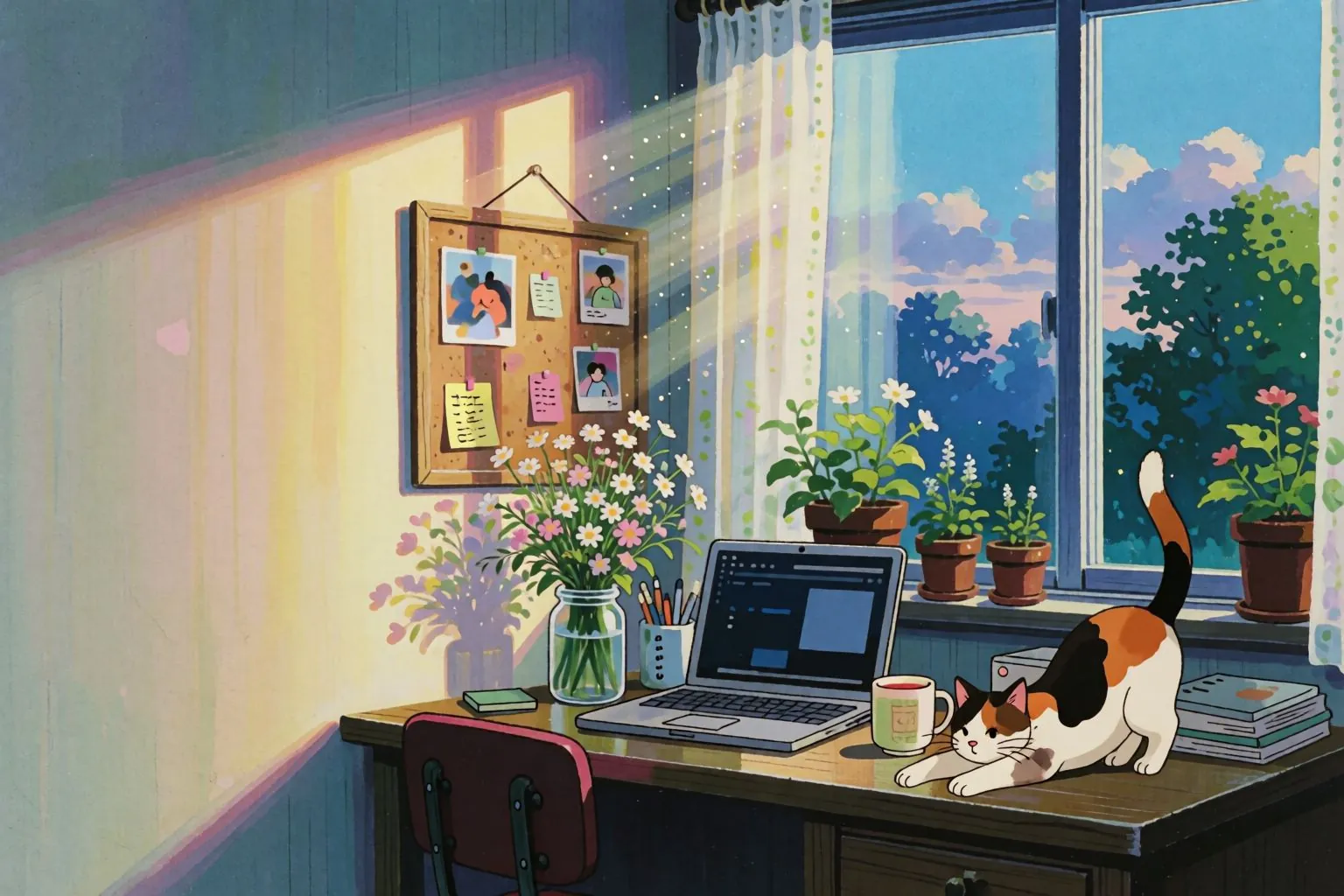 A sunny bedroom in the morning, a calico cat stretching on the desk by the laptop