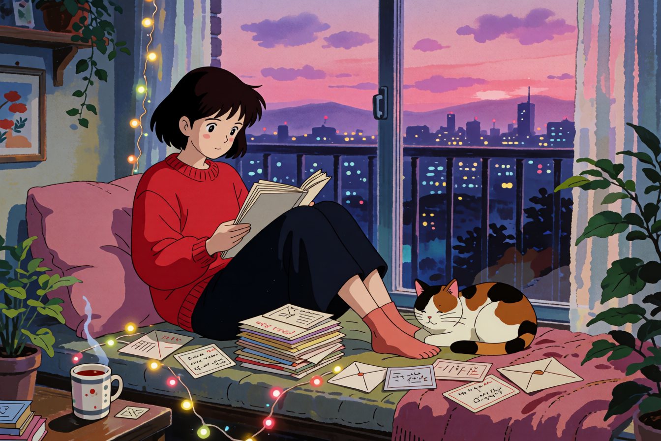 A girl reading letters on a window seat at dusk, her calico cat asleep beside her