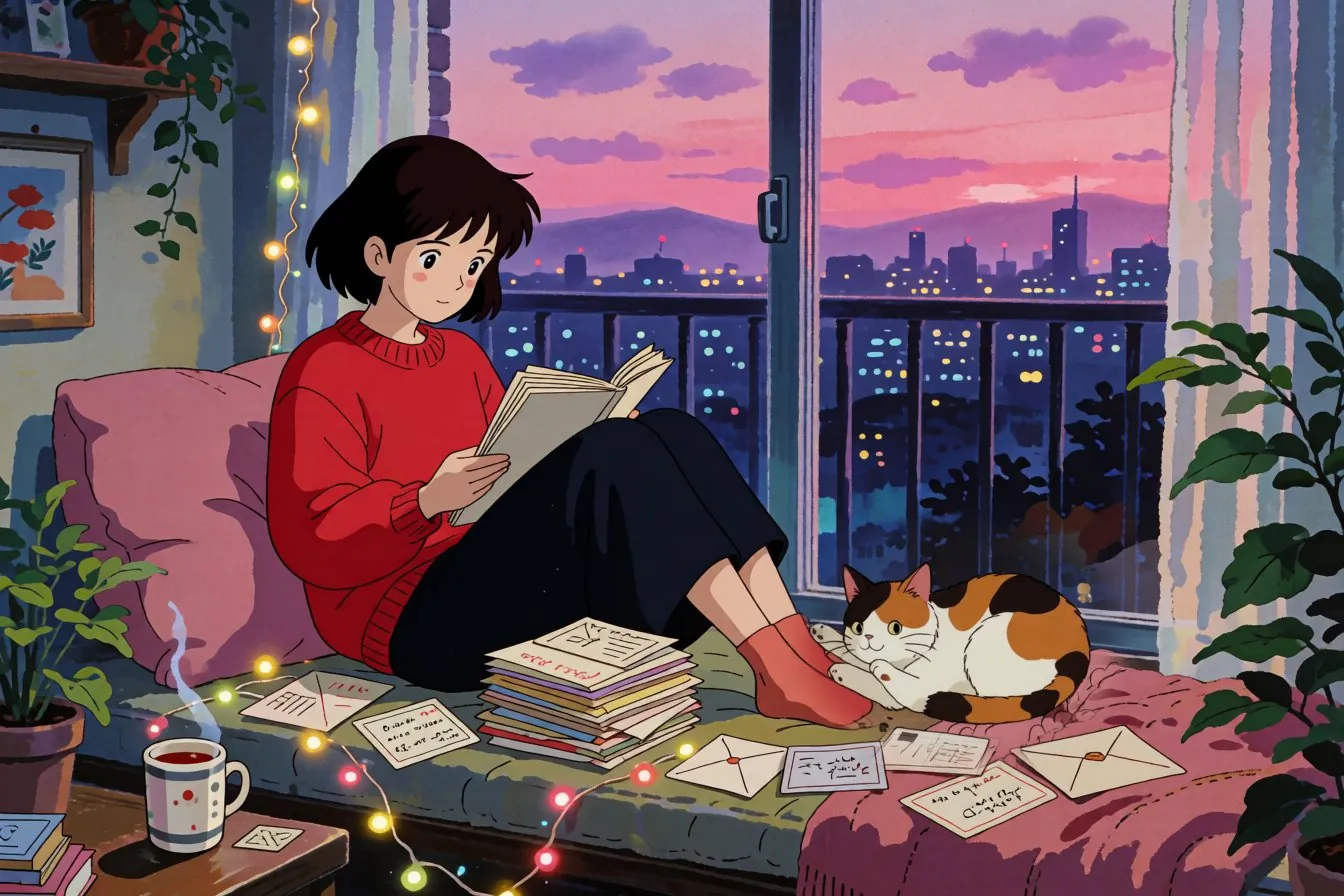 A painted scene of a girl at her desk by a window with a cat, where an AI could help make a page