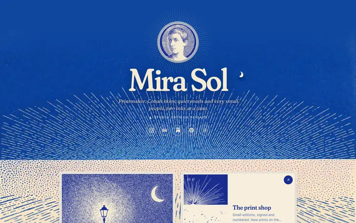 A Cobalt page printed in two inks, a deep blue sky with a round portrait and cream cards below