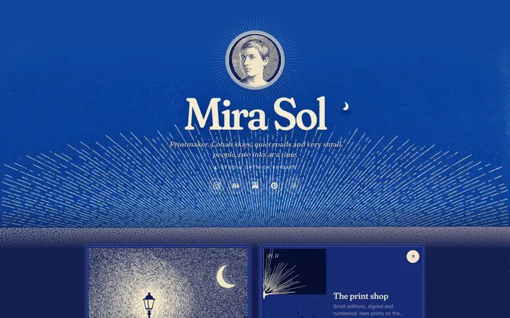 A Cobalt page printed in two inks, a portrait in a round frame under a crescent moon over a deep blue sky with rays