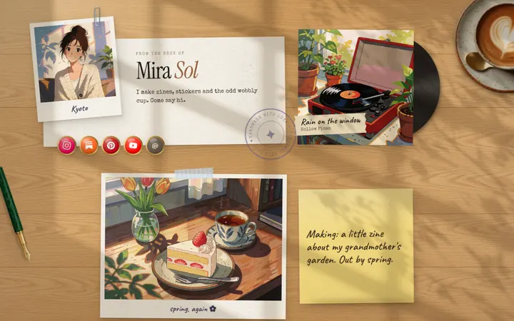 A Desk page on a wooden table, with a polaroid portrait, a red record player, a cake photo and a yellow sticky note