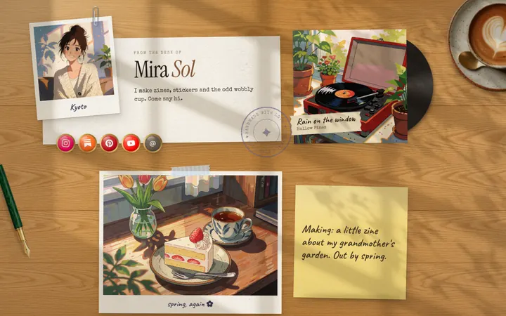 A Desk page on an oak table, with a polaroid portrait, a red record player, a photo of cake and tea and a yellow sticky note