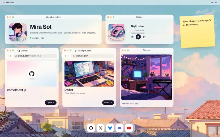 A Lofi page as a little desktop over sunny rooftops, with windows for a profile, a music player, a GitHub repo, a devlog and photos