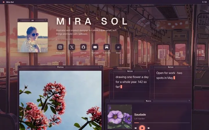 A Lofi page set inside a train carriage at sunset, with windows for a portrait, photos, notes and a music player
