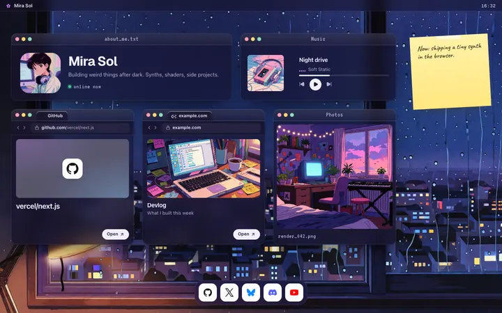 A Lofi page on a rainy night, with little windows for a profile, a music player, a GitHub repo and photos