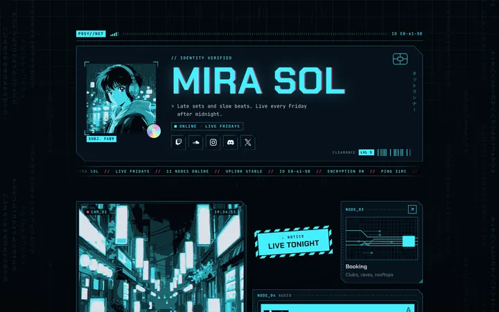 A Night page in ice blue, a heads-up display for a DJ called Mira Sol with Twitch, SoundCloud and Discord icons and a Live tonight notice