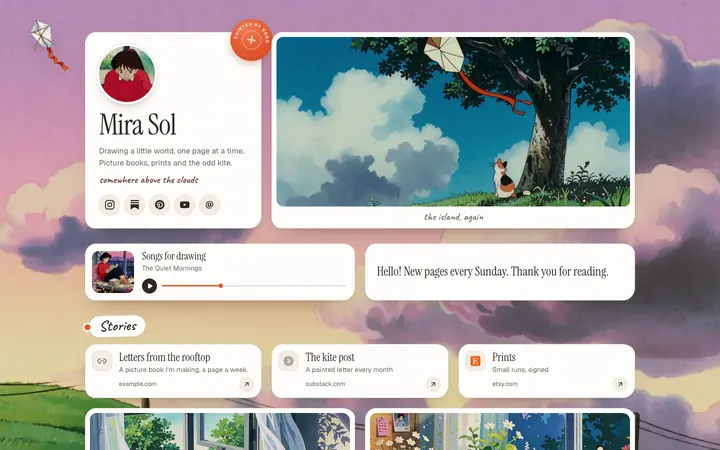 A Painted page under a pink dusk sky, with a profile card, a picture of a kite in a tree, a music player and story links