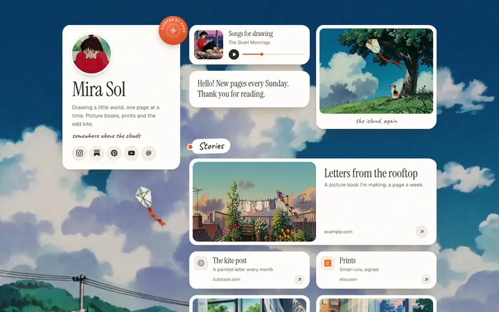 A Painted page under a blue morning sky, with a profile card for Mira Sol, a music player, a kite in a tree and story links