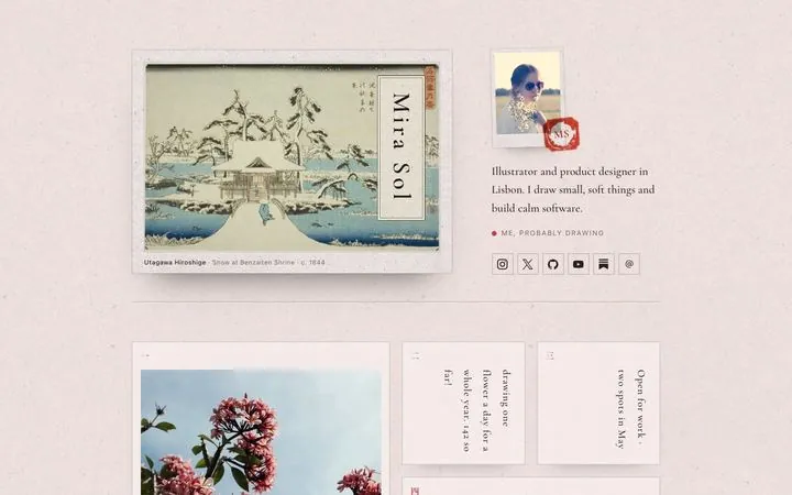 A Washi page on pale pink paper, with a Hiroshige snow print bearing the name Mira Sol, a small polaroid with a red seal and paper cards
