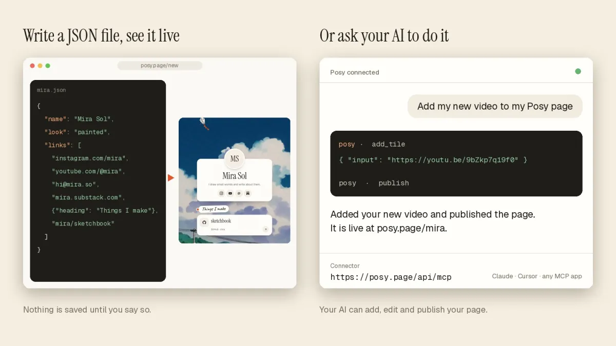 Write a small JSON file and see the page live, or ask your AI to add a video and publish