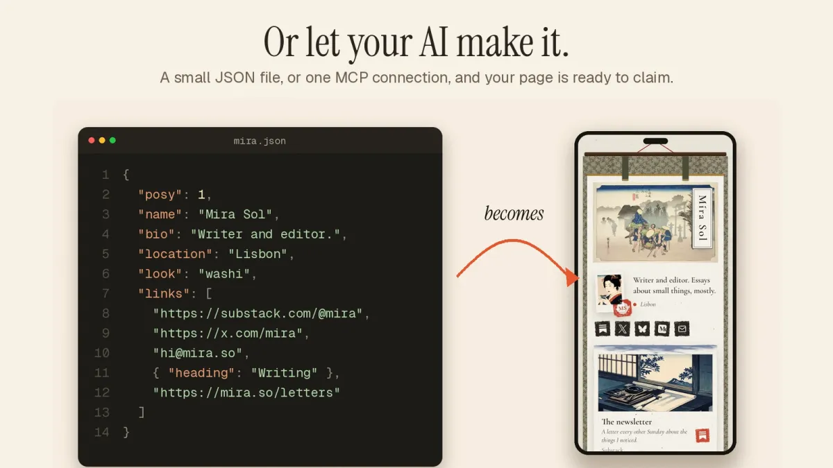A short mira.json file becomes a Washi page on a phone