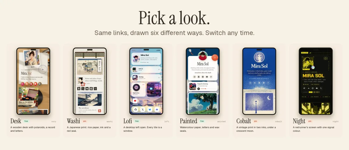 Pick a look: Desk, Washi, Lofi, Painted, Cobalt and Night side by side on phones